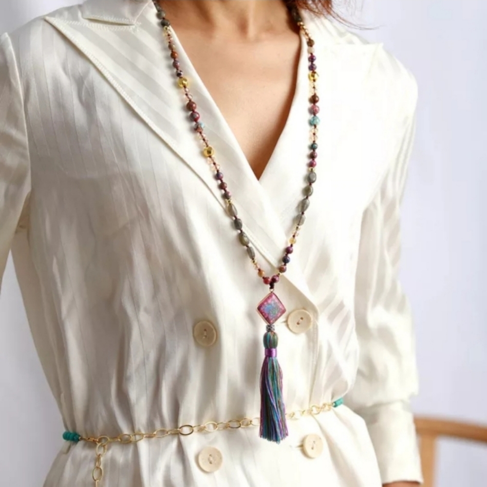 Jasper and Labradorite Pendant Long Beaded Necklace